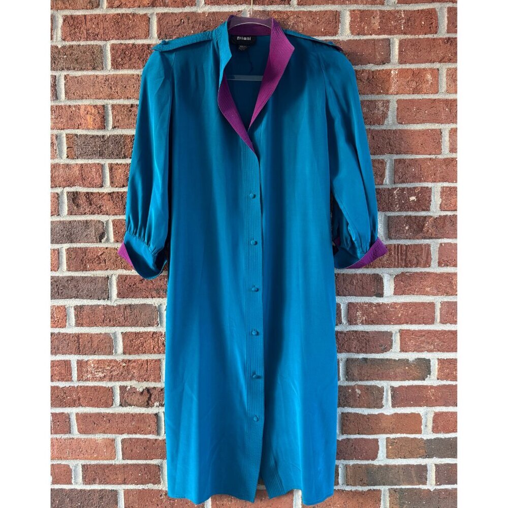 Vintage Nilani Teal Silk Dress Magenta Collar S